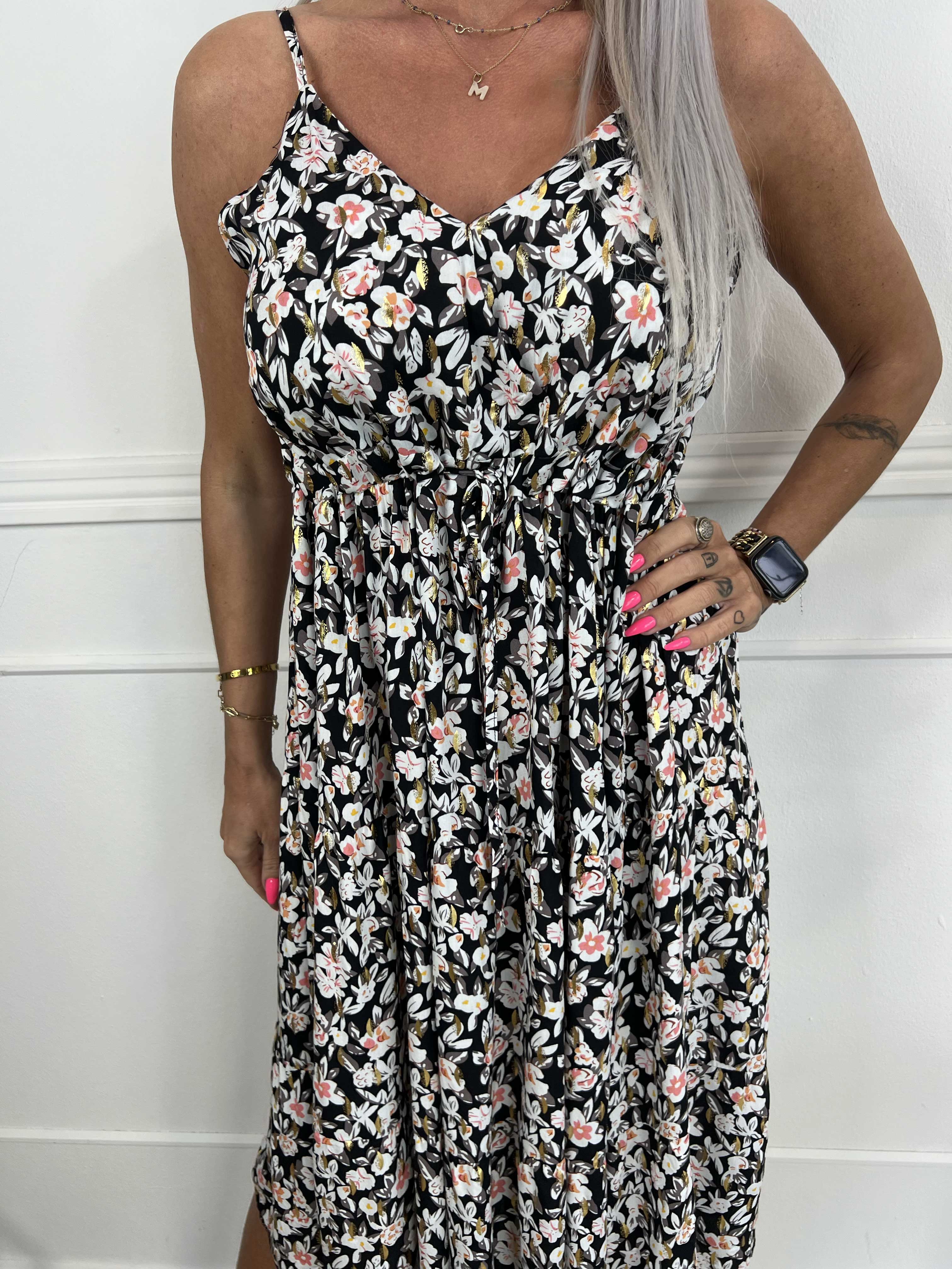 Lucie Small Flower Short - Viskose stropkjole i blomsterprint med v-udskæring